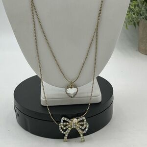 Betsey Johnson Gold‎ Tone Double Strand AB Rhinestone Bow Heart Necklace New